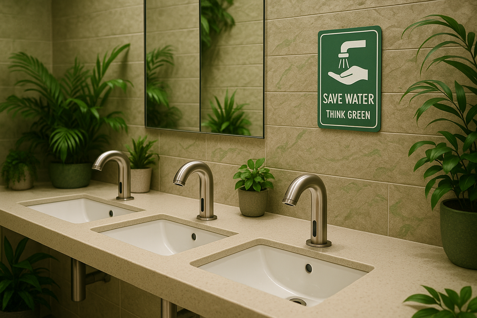 Matte black commercial faucets in a hospitality restroom